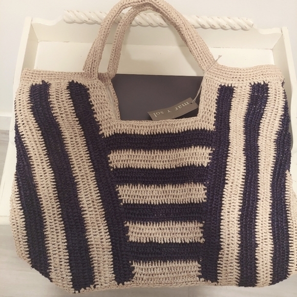NWT Mar Y Sol Cabana Stripe Straw Hand Made Carry All Tote Bag - Picture 5 of 12